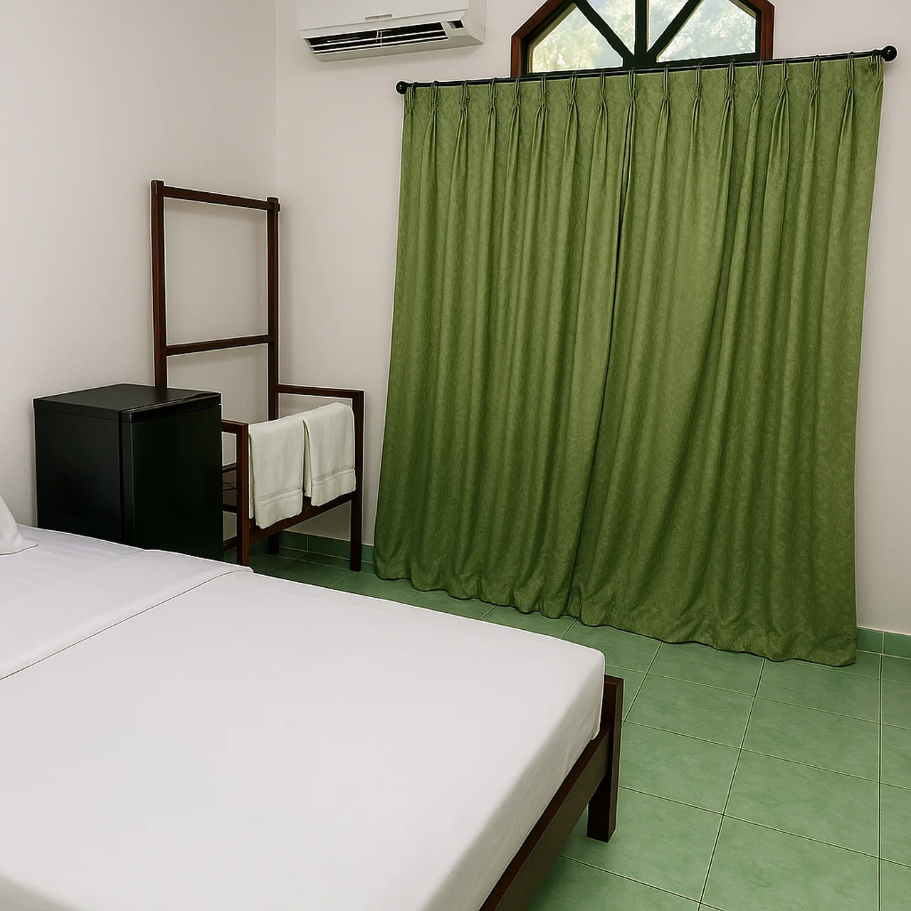 Room with green curtains and AC