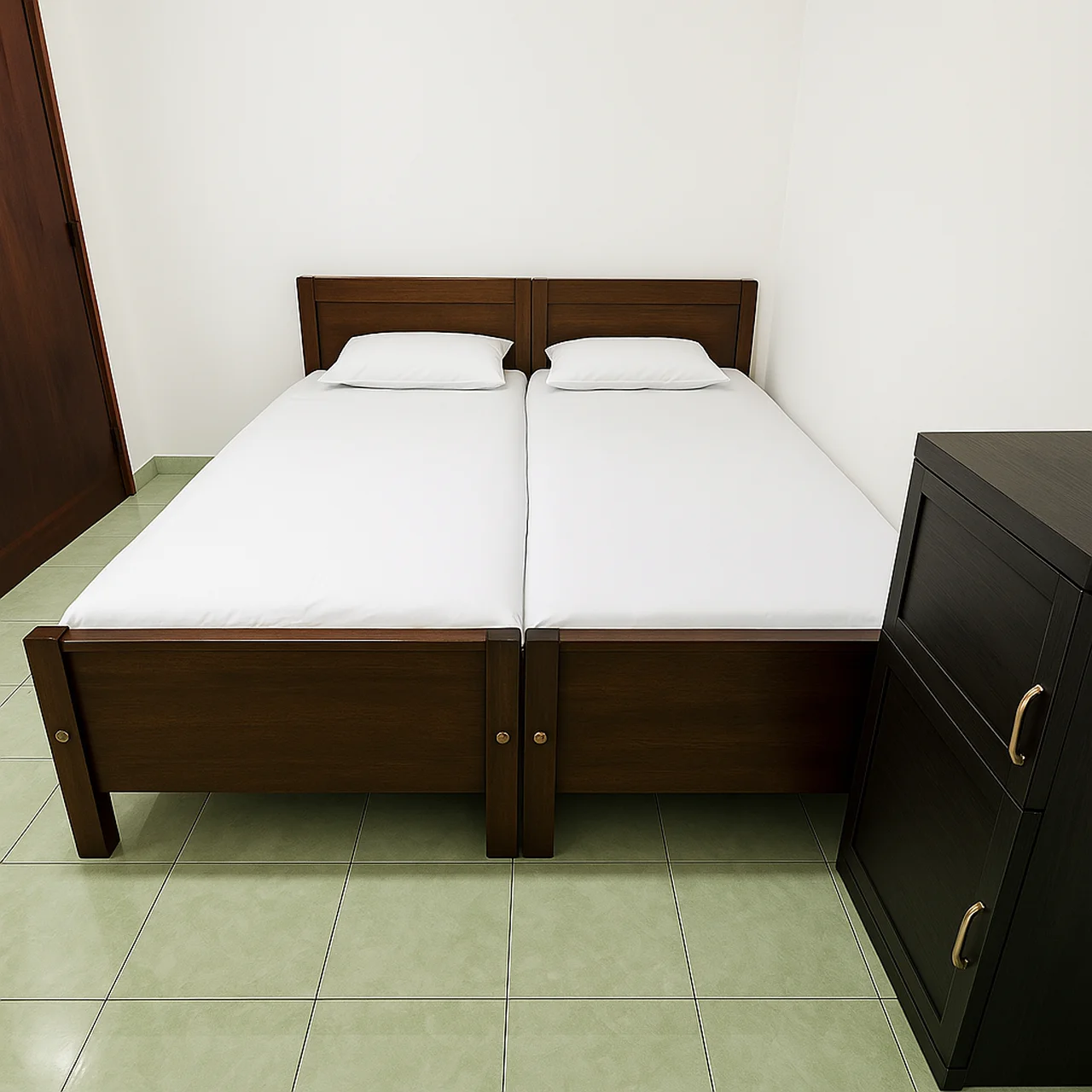 Twin beds with wooden frames