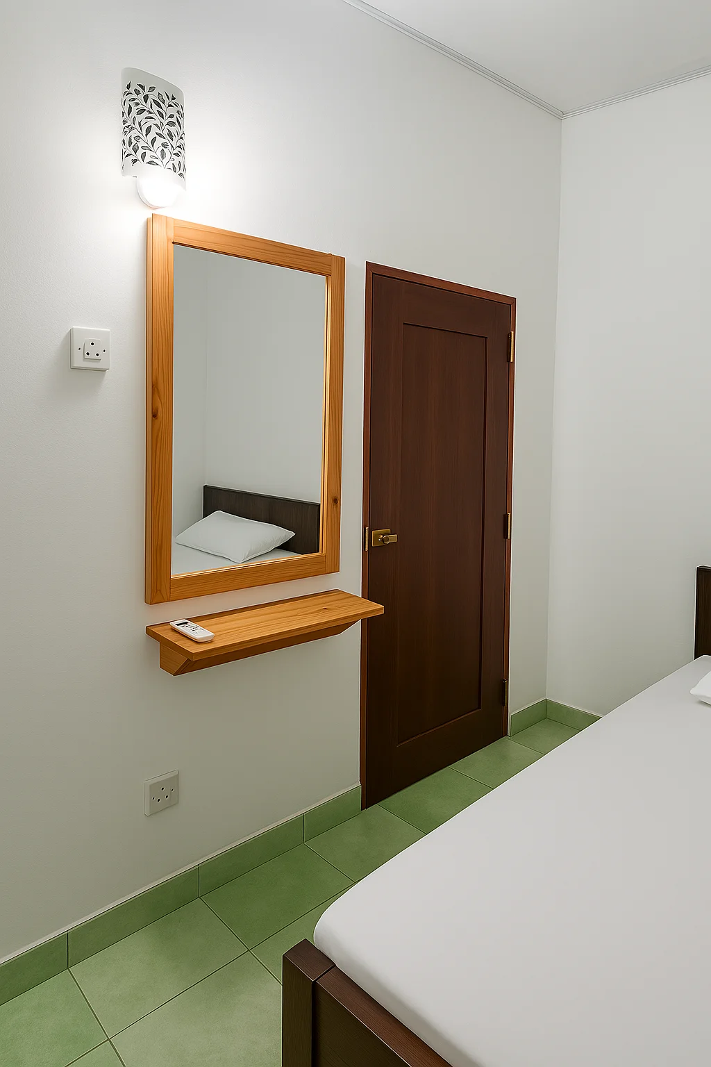Room with wooden door and mirror