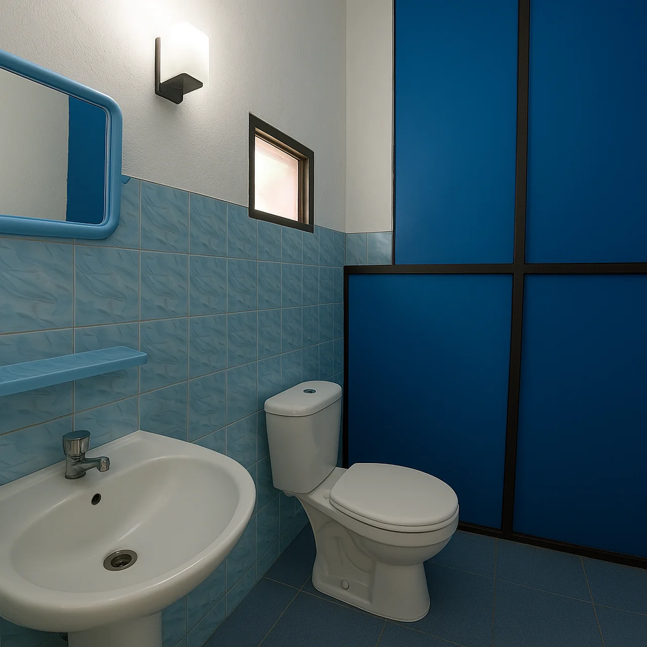 Bathroom with toilet and blue tiles