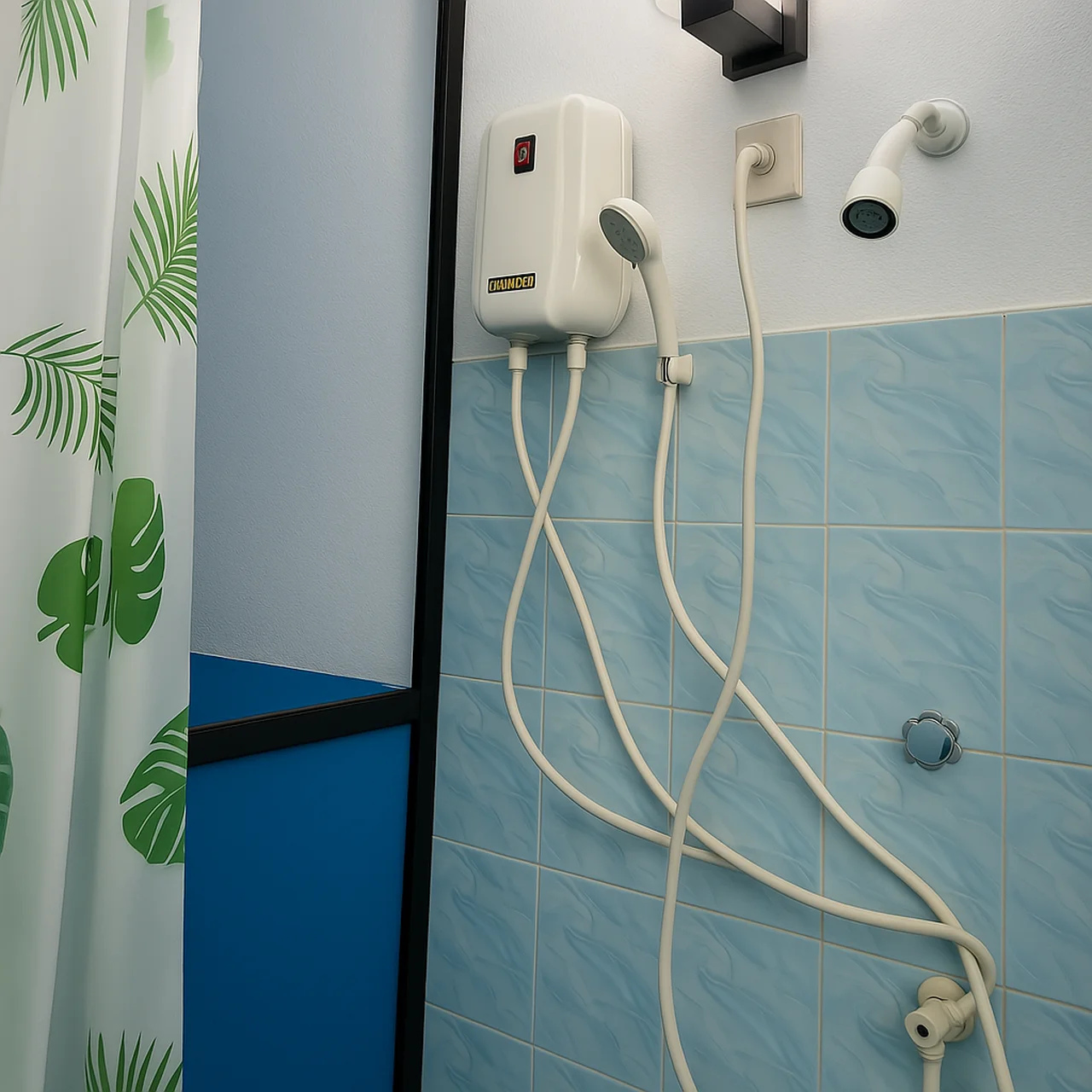Shower with heater and green curtain